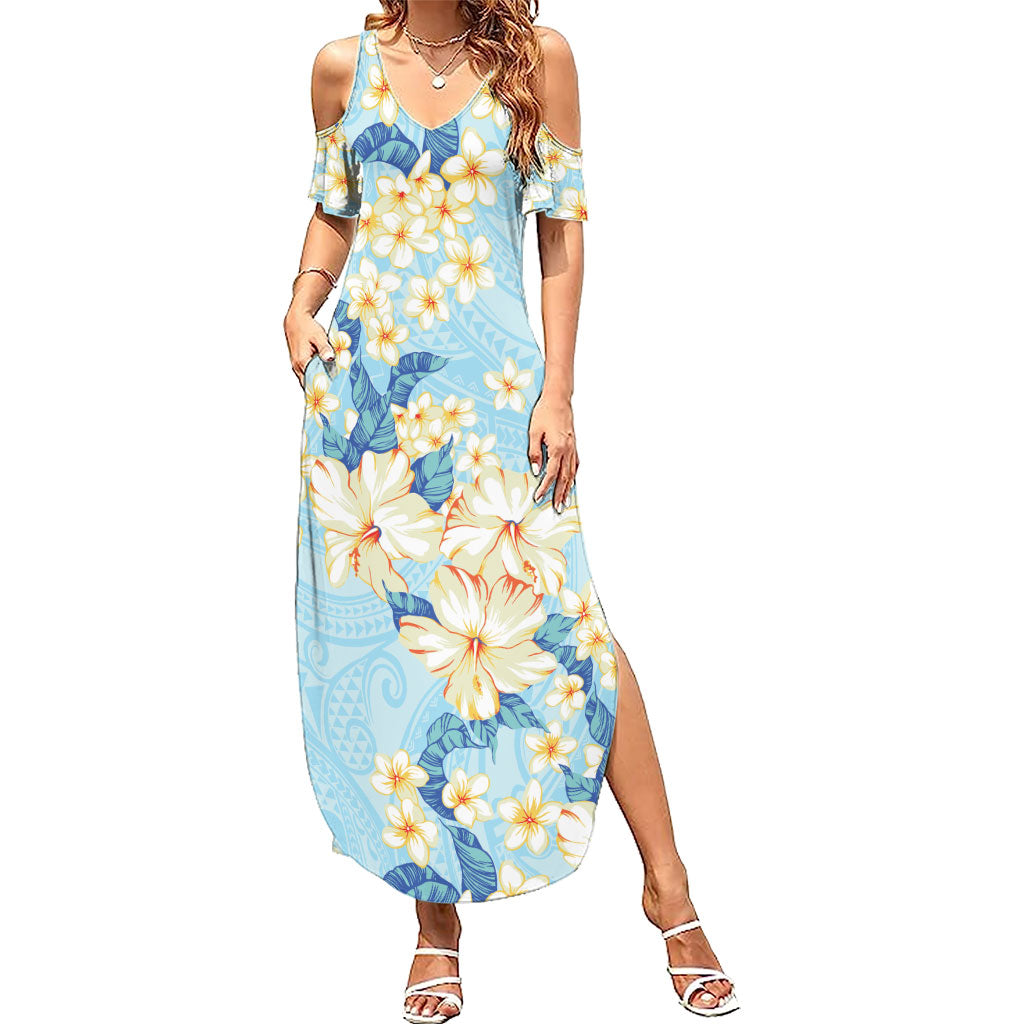 Hawaii Hibiscus Plumeria Blue Family Matching Summer Maxi Dress and Hawaiian Shirt Polynesian Pattern LT01 Mom's Dress Blue - Polynesian Pride