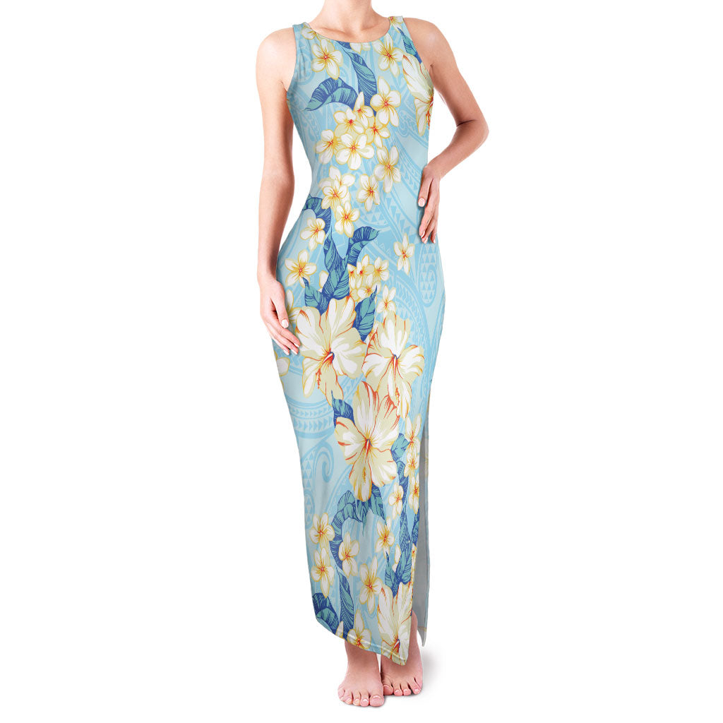 Hawaii Hibiscus Plumeria Blue Family Matching Tank Maxi Dress and Hawaiian Shirt Polynesian Pattern LT01 Mom's Dress Blue - Polynesian Pride