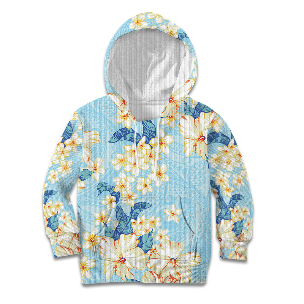 Hawaii Hibiscus Plumeria Blue Kid Hoodie Polynesian Pattern