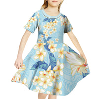 Hawaii Hibiscus Plumeria Blue Kid Short Sleeve Dress Polynesian Pattern