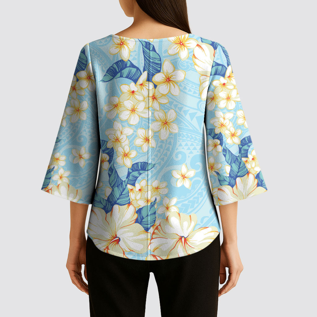 Hawaii Hibiscus Plumeria Blue Kimono Sleeve Blouse Polynesian Pattern
