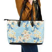 Hawaii Hibiscus Plumeria Blue Leather Tote Bag Polynesian Pattern