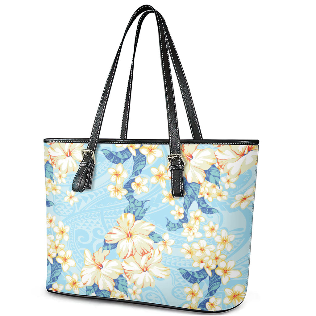 Hawaii Hibiscus Plumeria Blue Leather Tote Bag Polynesian Pattern