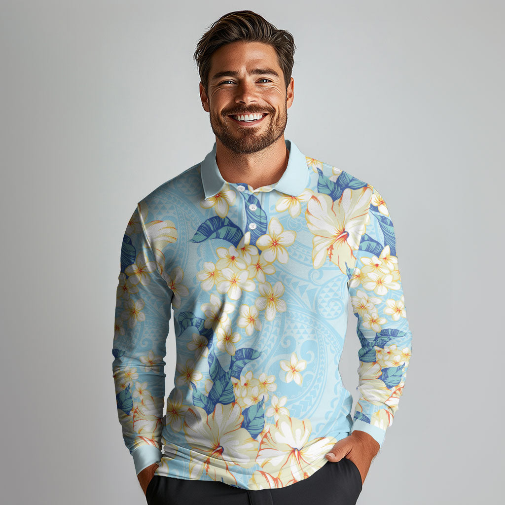 Hawaii Hibiscus Plumeria Blue Long Sleeve Polo Shirt Polynesian Pattern