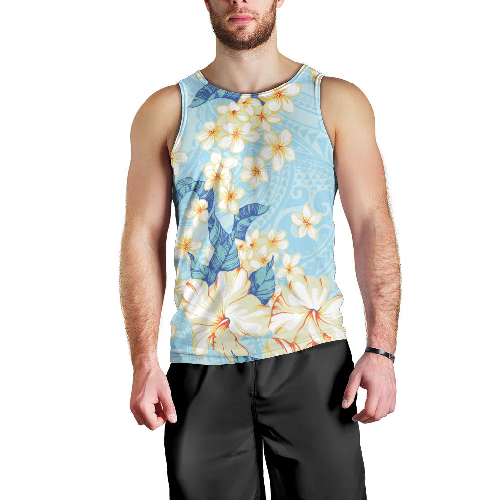 Hawaii Hibiscus Plumeria Blue Men Tank Top Polynesian Pattern