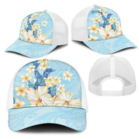 Hawaii Hibiscus Plumeria Blue Mesh Trucker Cap Polynesian Pattern