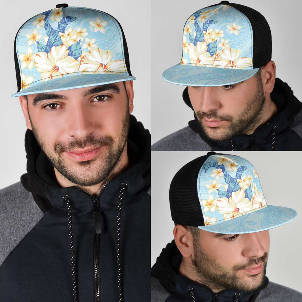 Hawaii Hibiscus Plumeria Blue Mesh Trucker Cap Polynesian Pattern