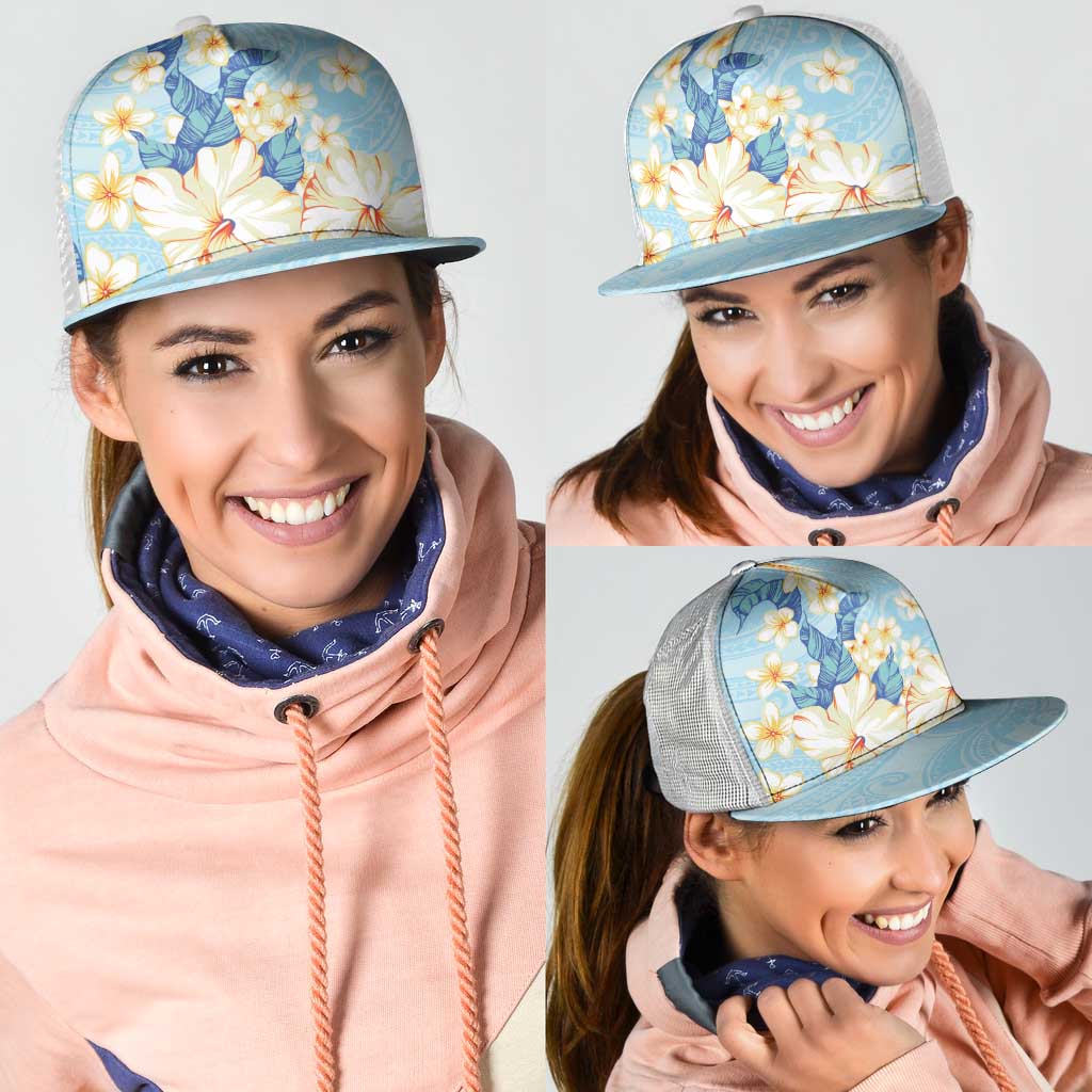 Hawaii Hibiscus Plumeria Blue Mesh Trucker Cap Polynesian Pattern