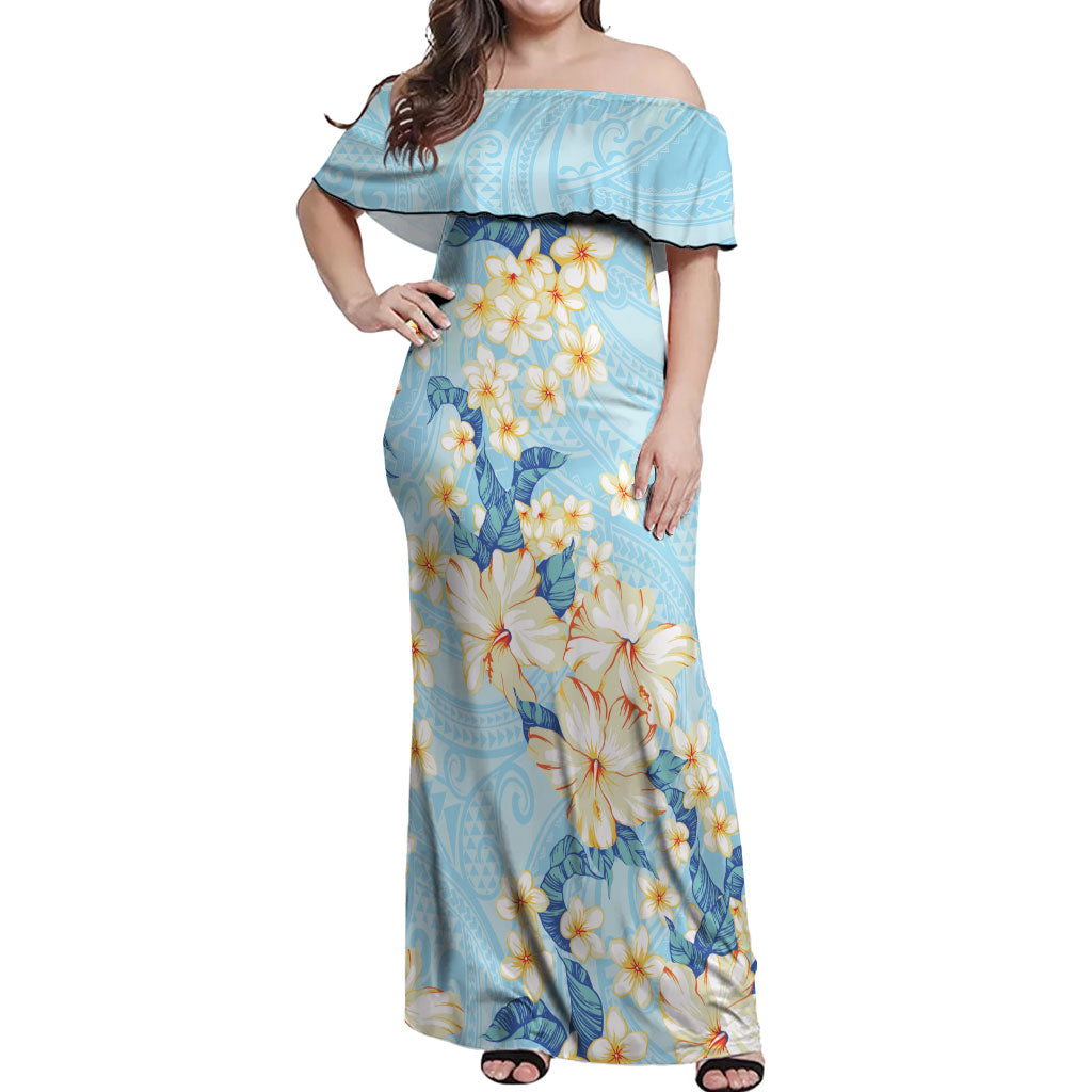 Hawaii Hibiscus Plumeria Blue Off Shoulder Maxi Dress Polynesian Pattern