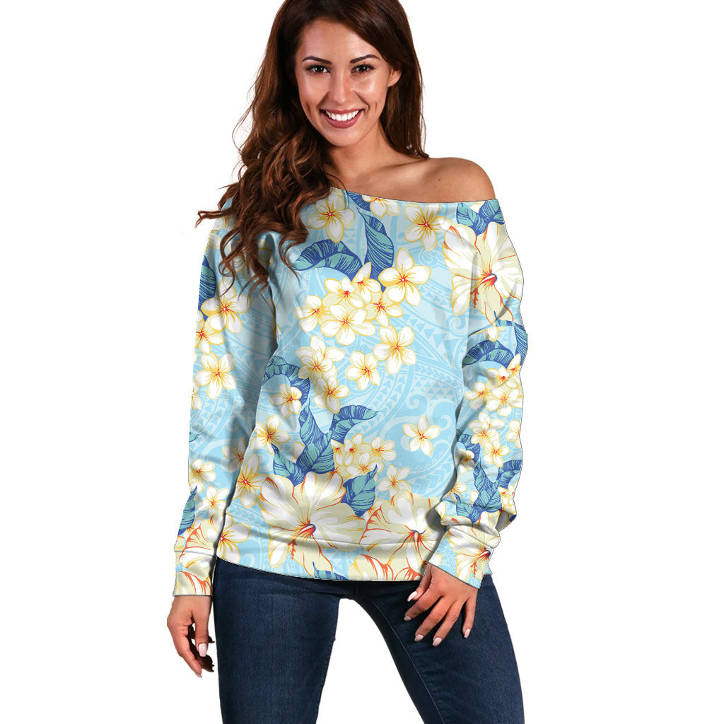 Hawaii Hibiscus Plumeria Blue Off Shoulder Sweater Polynesian Pattern
