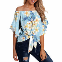 Hawaii Hibiscus Plumeria Blue Off Shoulder Wrap Waist Top Polynesian Pattern LT01 - Polynesian Pride