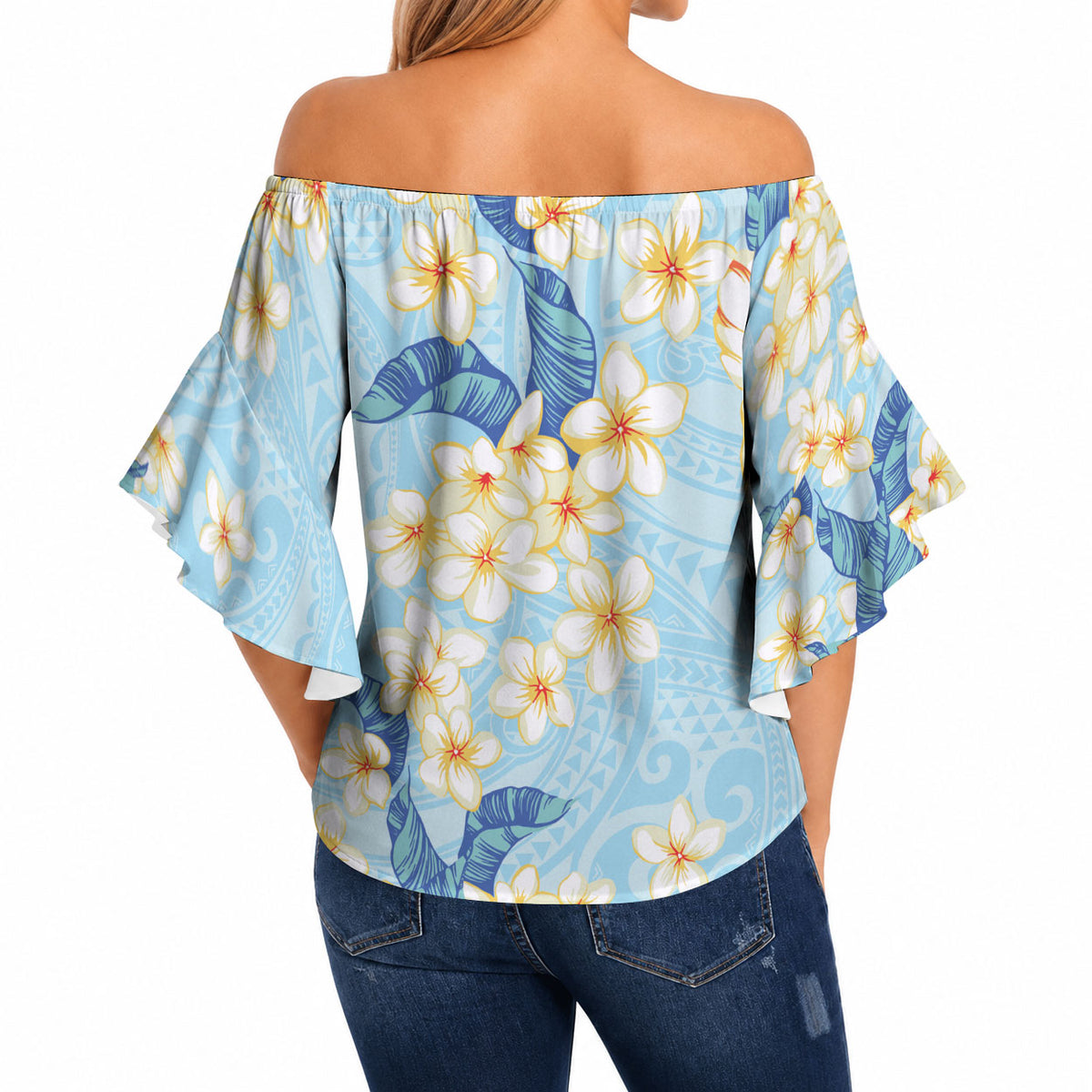 Hawaii Hibiscus Plumeria Blue Off Shoulder Wrap Waist Top Polynesian Pattern LT01 - Polynesian Pride
