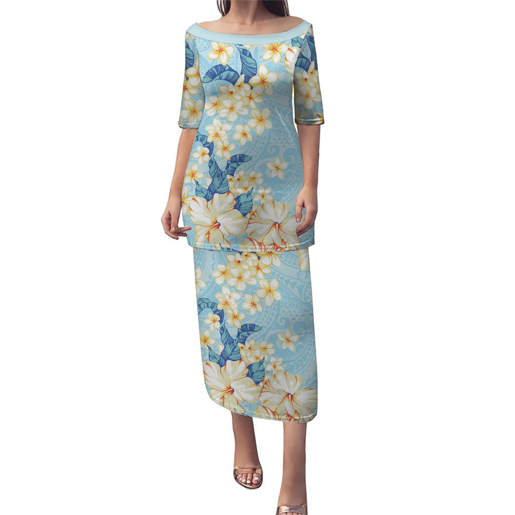 Hawaii Hibiscus Plumeria Blue Puletasi Polynesian Pattern