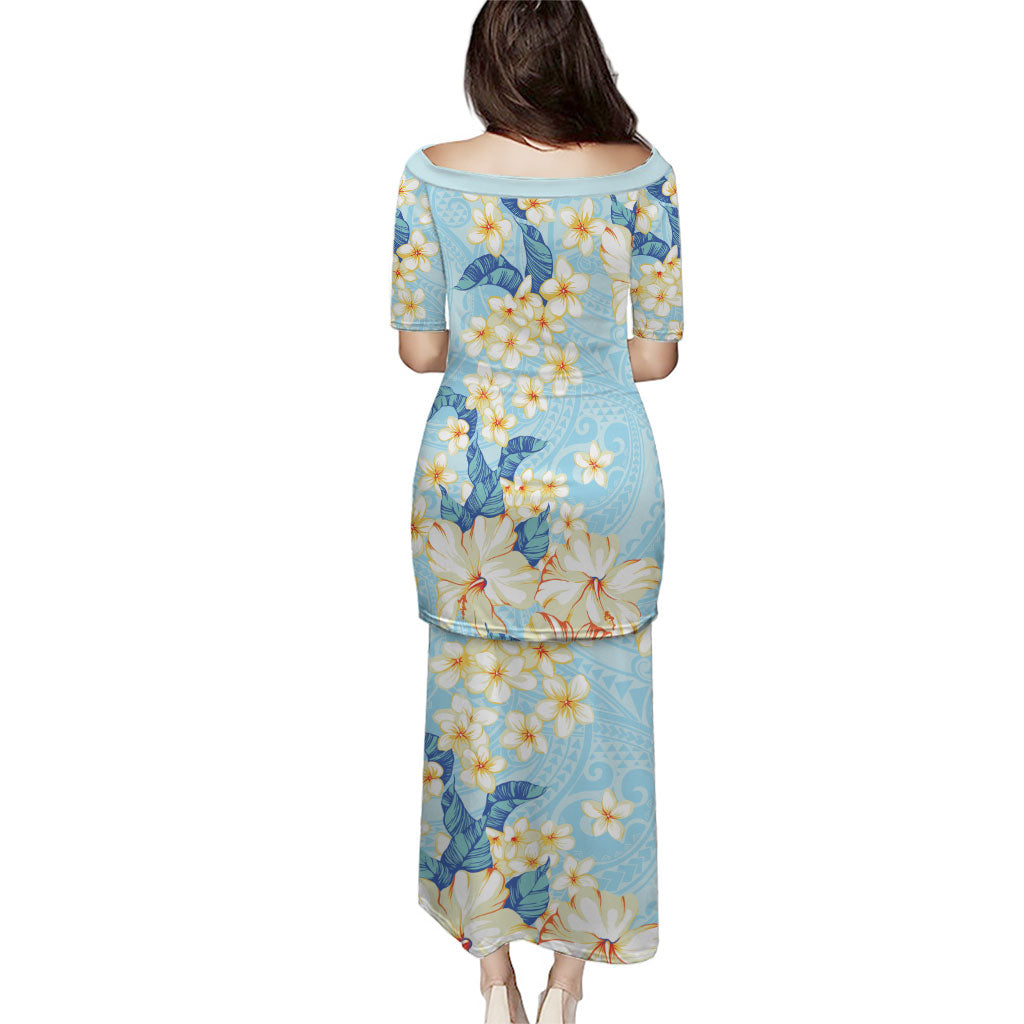 Hawaii Hibiscus Plumeria Blue Puletasi Polynesian Pattern