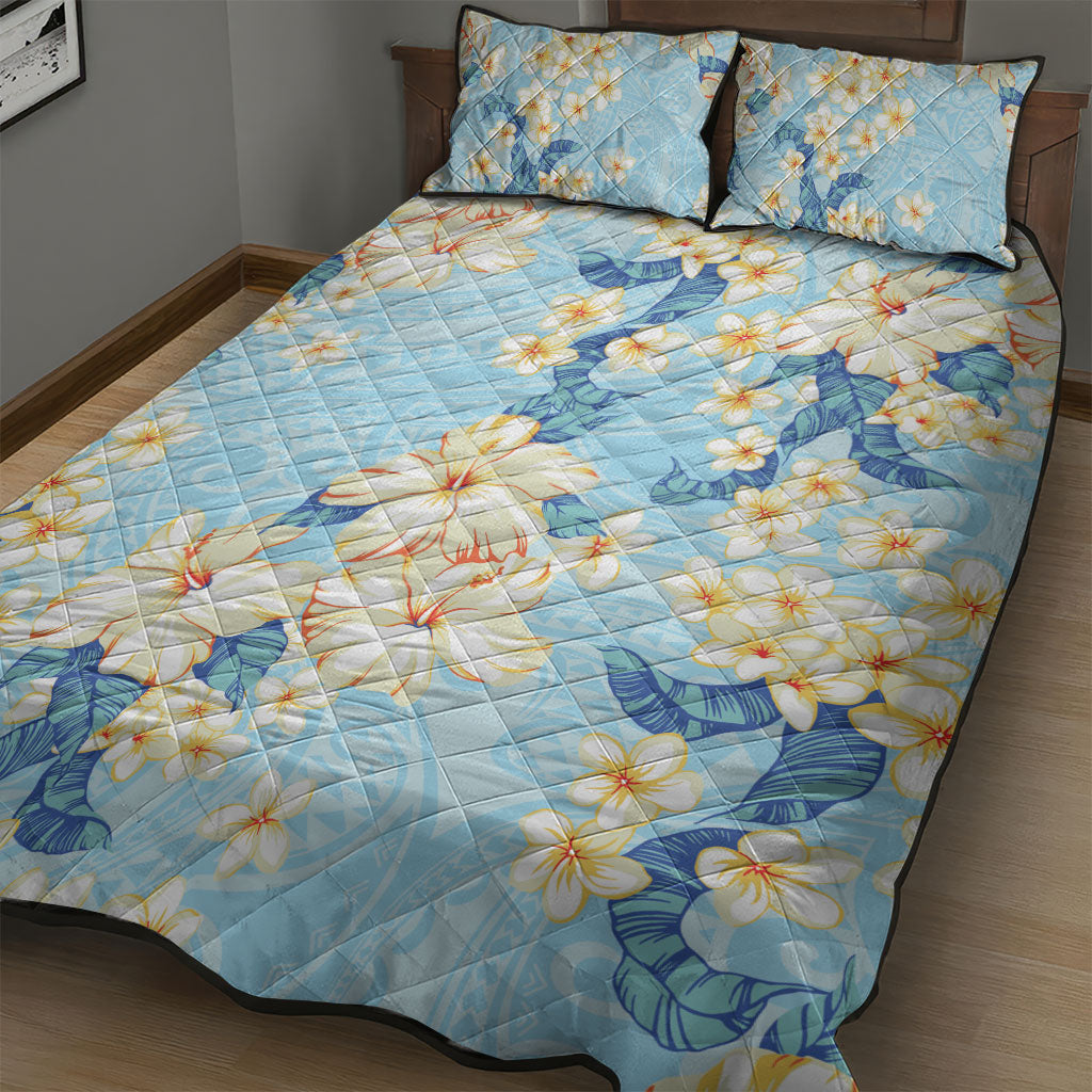 Hawaii Hibiscus Plumeria Blue Quilt Bed Set Polynesian Pattern
