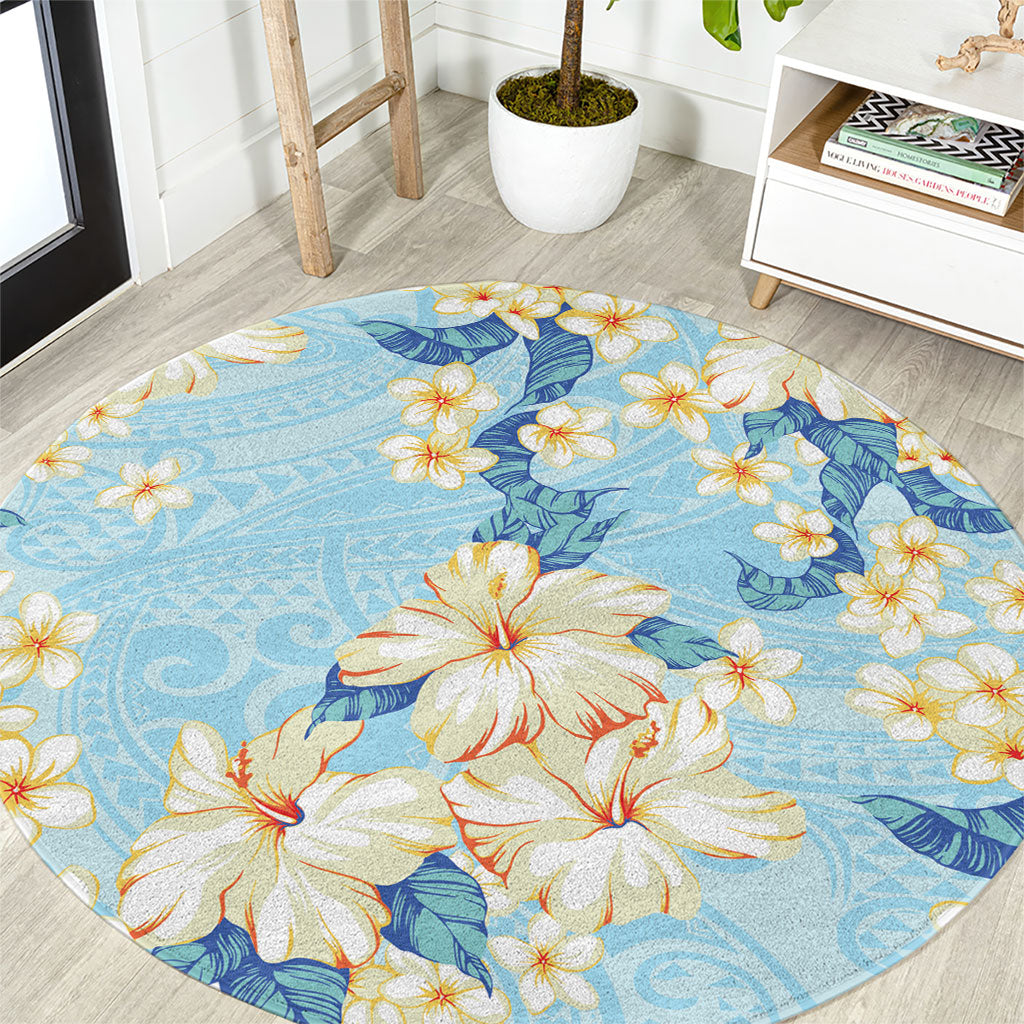 Hawaii Hibiscus Plumeria Blue Round Carpet Polynesian Pattern