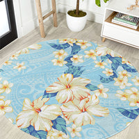 Hawaii Hibiscus Plumeria Blue Round Carpet Polynesian Pattern