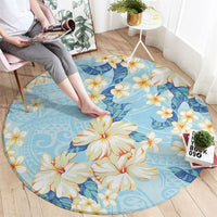 Hawaii Hibiscus Plumeria Blue Round Carpet Polynesian Pattern