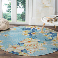 Hawaii Hibiscus Plumeria Blue Round Carpet Polynesian Pattern