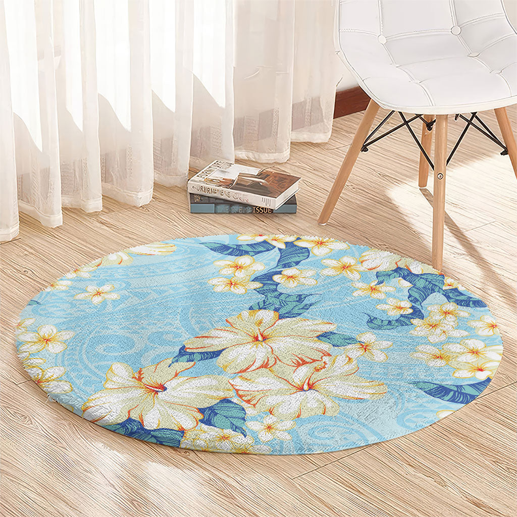 Hawaii Hibiscus Plumeria Blue Round Carpet Polynesian Pattern