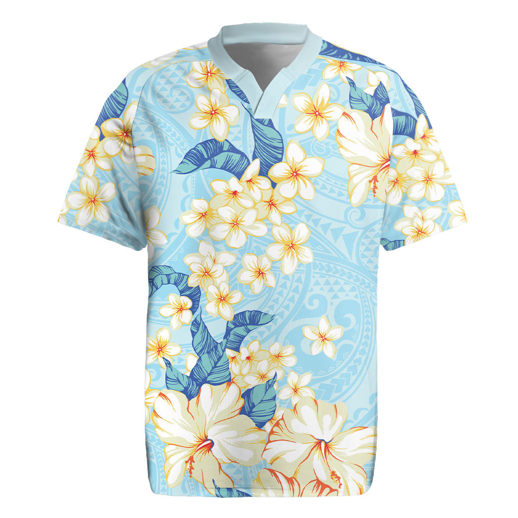 Hawaii Hibiscus Plumeria Blue Rugby Jersey Polynesian Pattern