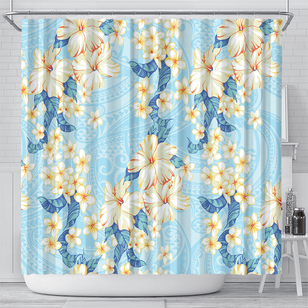 Hawaii Hibiscus Plumeria Blue Shower Curtain Polynesian Pattern