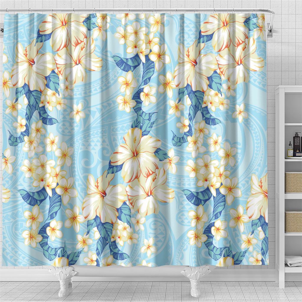 Hawaii Hibiscus Plumeria Blue Shower Curtain Polynesian Pattern