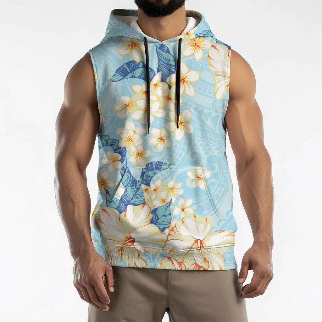 Hawaii Hibiscus Plumeria Blue Sleeveless Hoodie Polynesian Pattern LT01 - Polynesian Pride