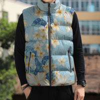Hawaii Hibiscus Plumeria Blue Sleeveless Puffer Jacket Polynesian Pattern