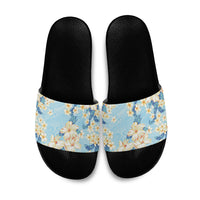 Hawaii Hibiscus Plumeria Blue Slide Sandals Polynesian Pattern