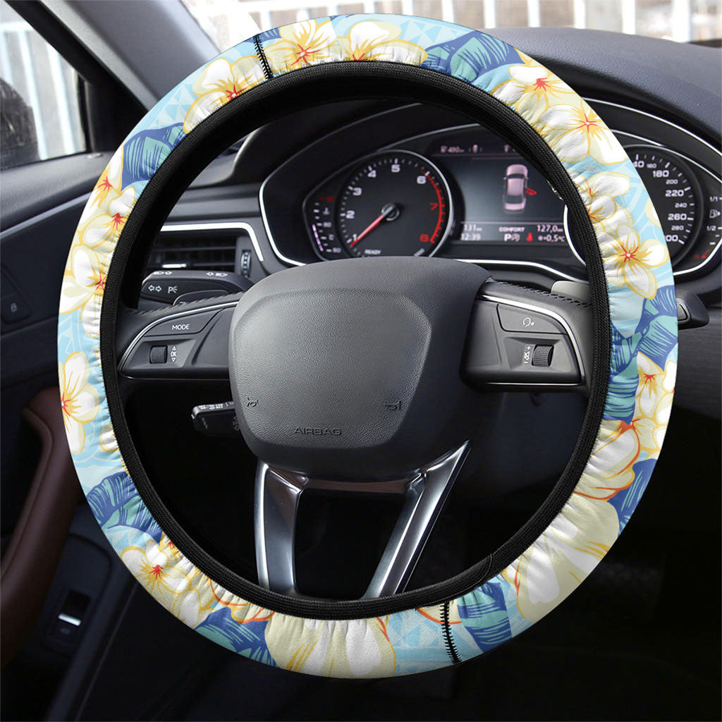 Hawaii Hibiscus Plumeria Blue Steering Wheel Cover Polynesian Pattern