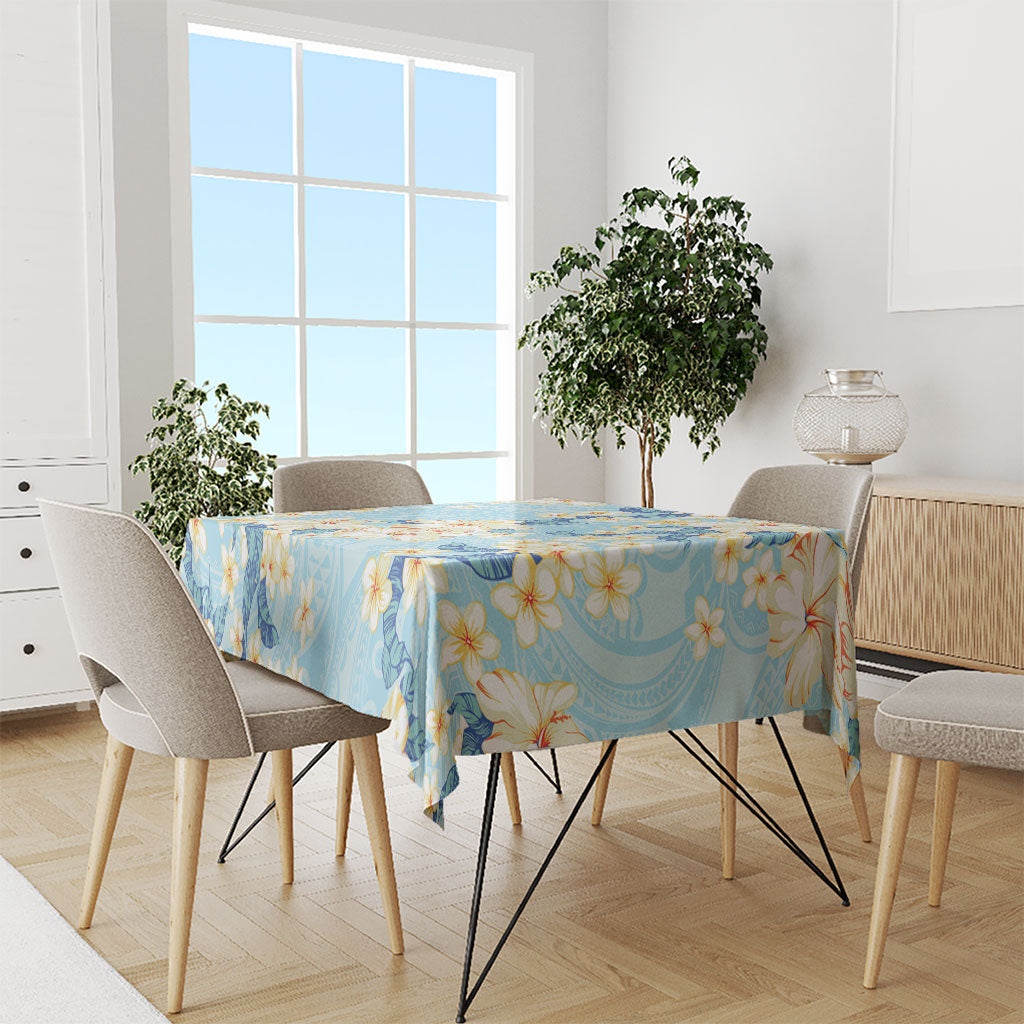 Hawaii Hibiscus Plumeria Blue Tablecloth Polynesian Pattern