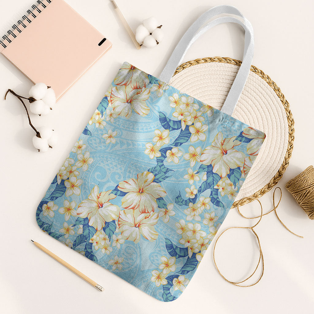 Hawaii Hibiscus Plumeria Blue Tote Bag Polynesian Pattern