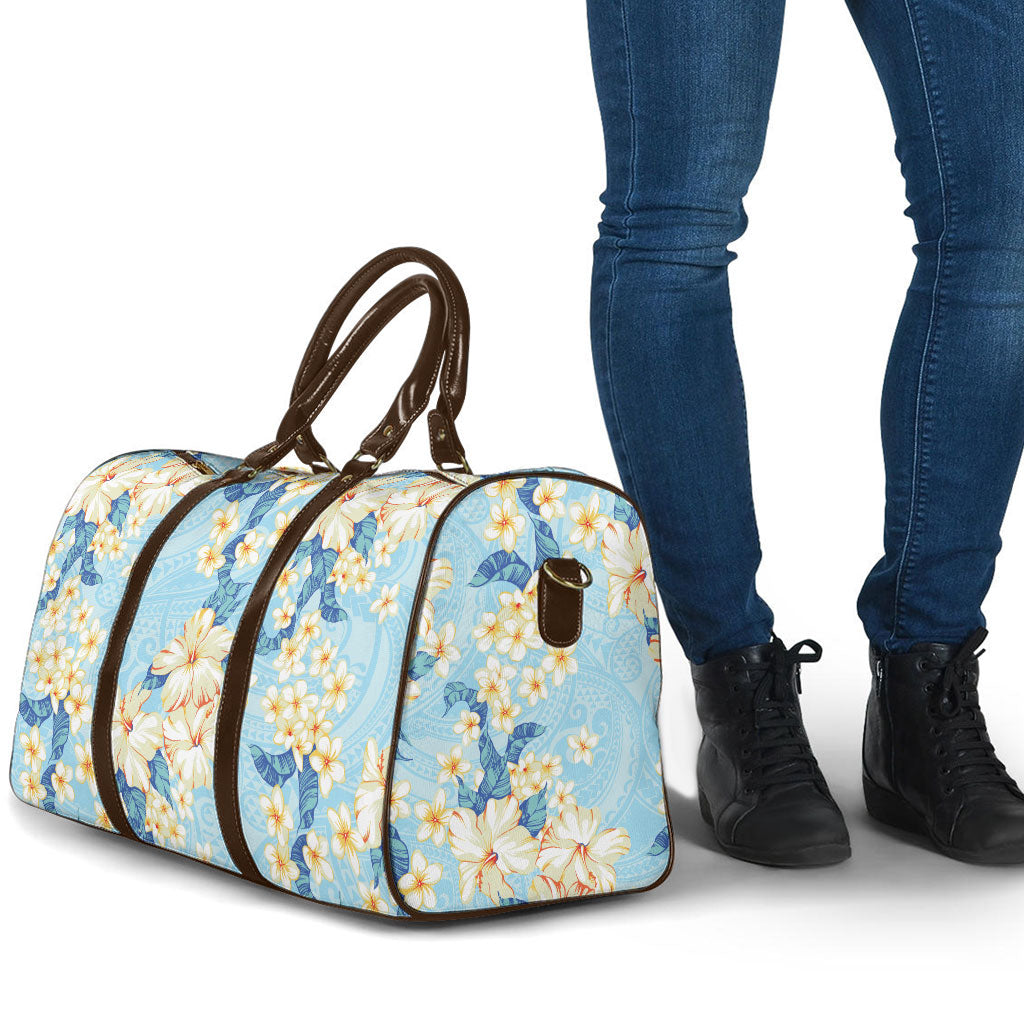 Hawaii Hibiscus Plumeria Blue Travel Bag Polynesian Pattern