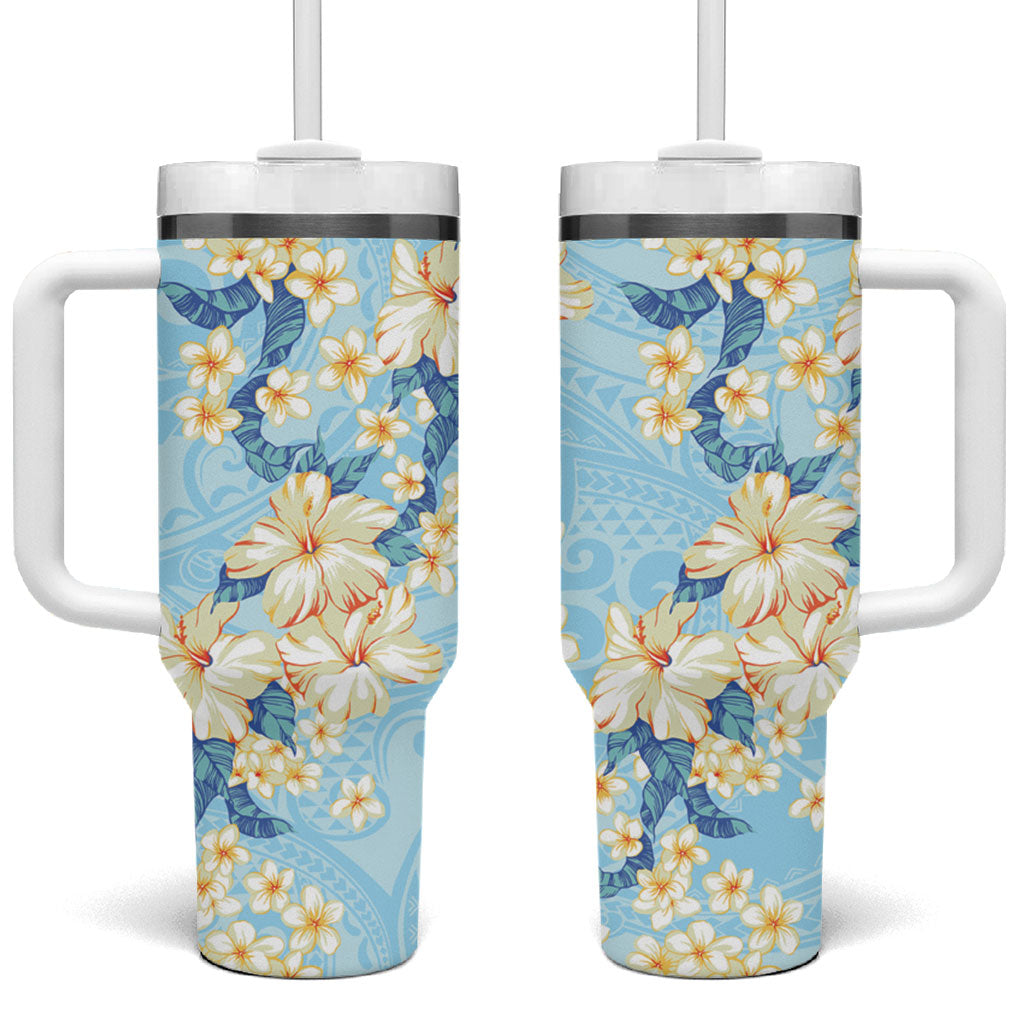 Hawaii Hibiscus Plumeria Blue Tumbler With Handle Polynesian Pattern