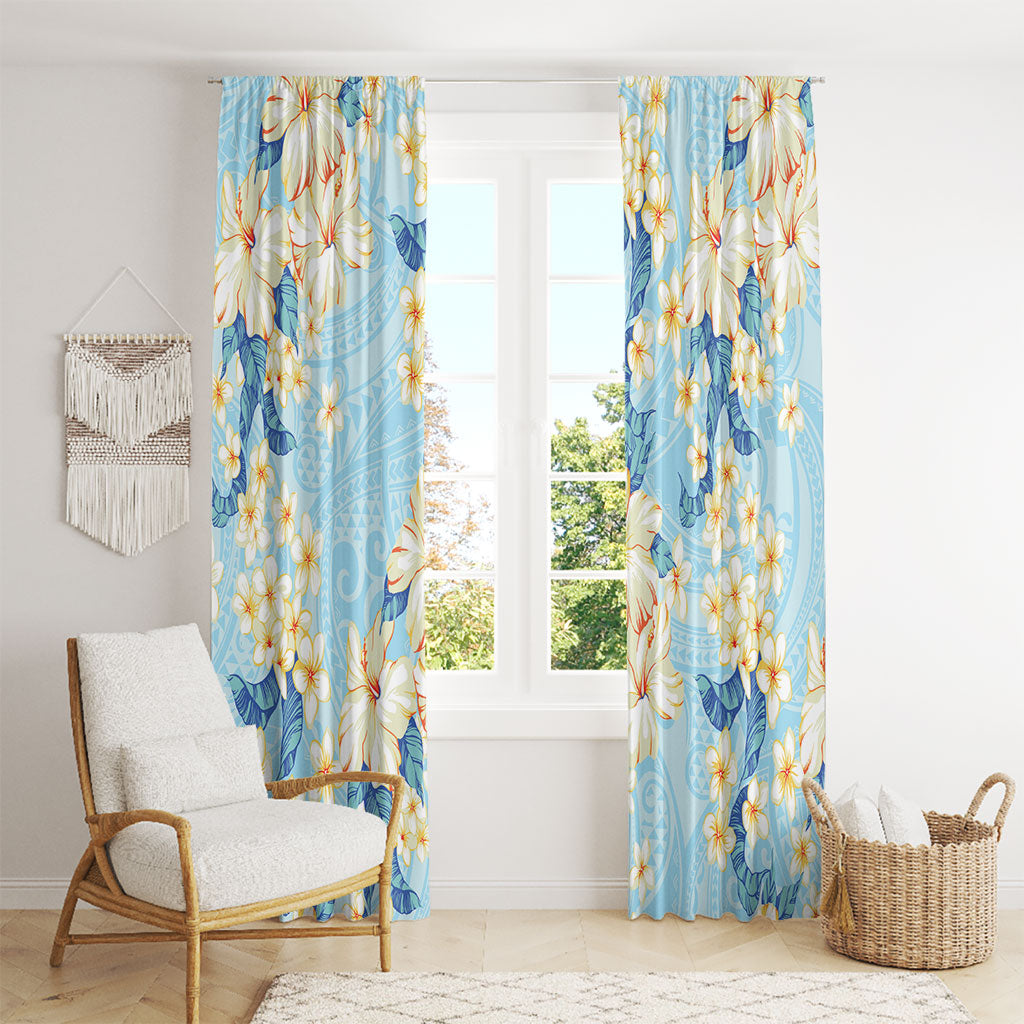 Hawaii Hibiscus Plumeria Blue Window Curtain Polynesian Pattern