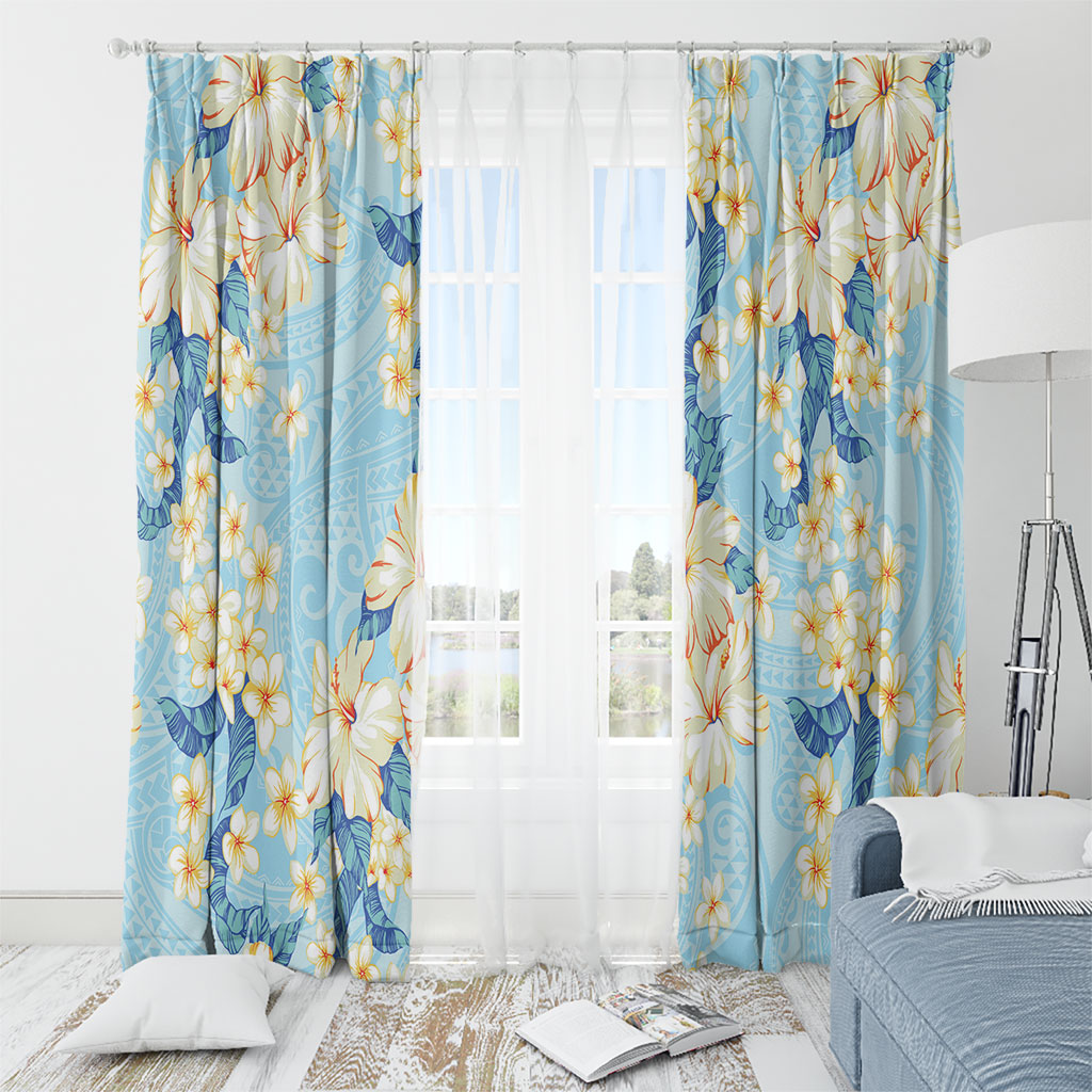 Hawaii Hibiscus Plumeria Blue Window Curtain Polynesian Pattern