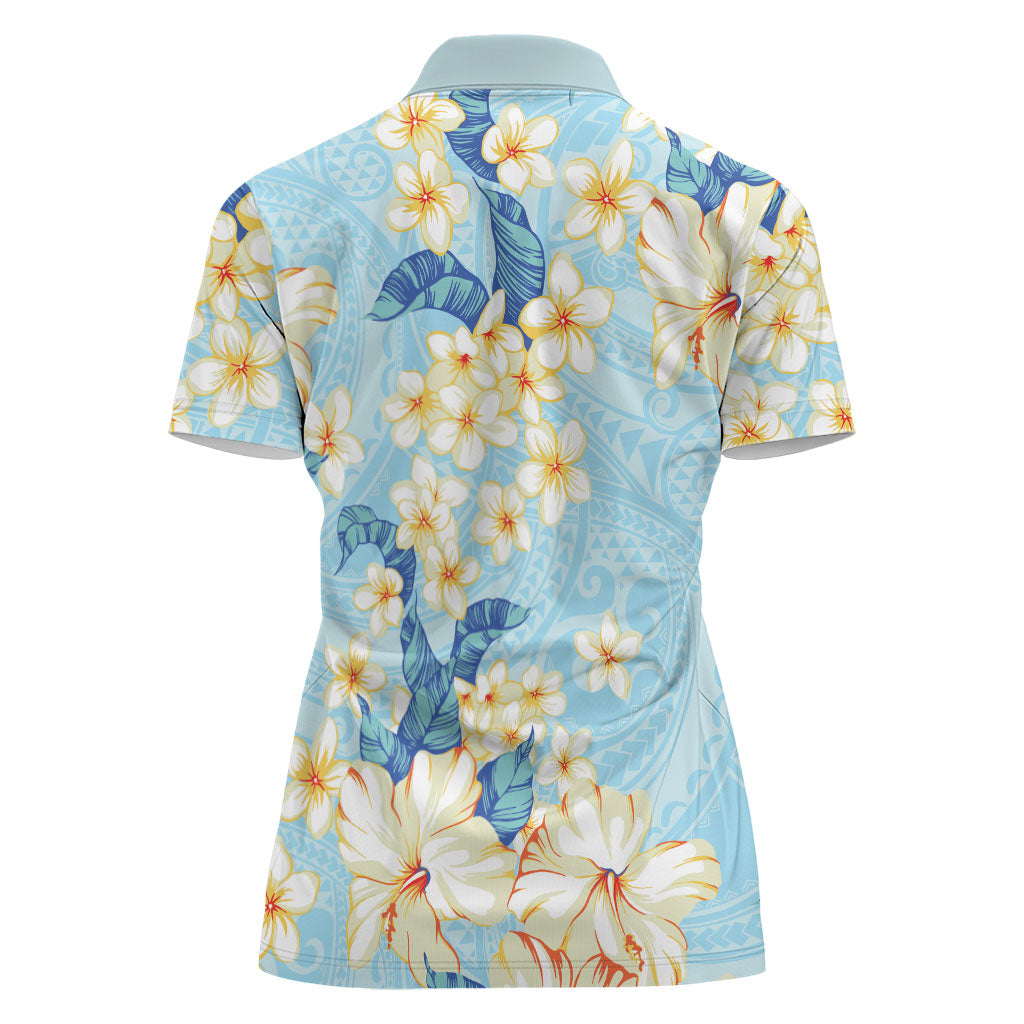 Hawaii Hibiscus Plumeria Blue Women Polo Shirt Polynesian Pattern