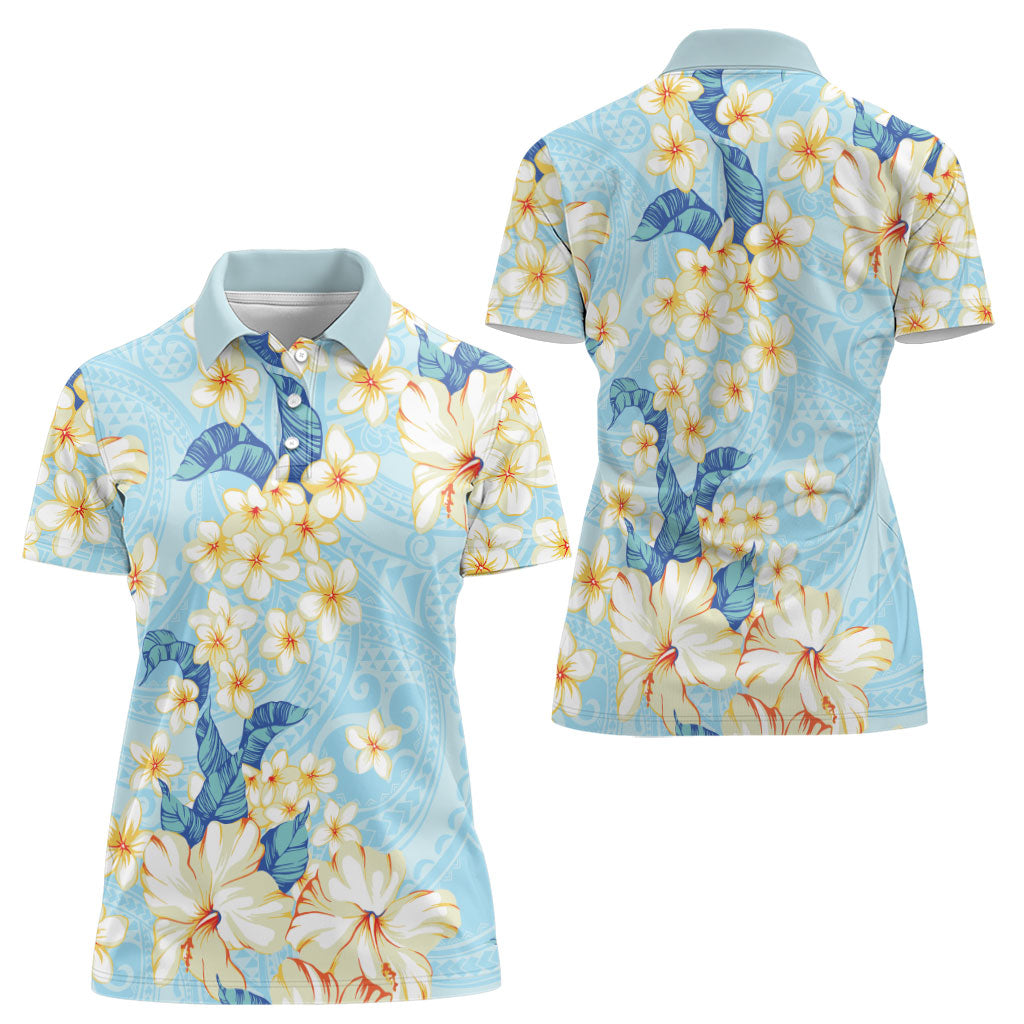 Hawaii Hibiscus Plumeria Blue Women Polo Shirt Polynesian Pattern