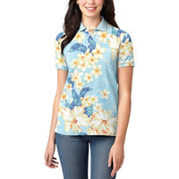 Hawaii Hibiscus Plumeria Blue Women Polo Shirt Polynesian Pattern