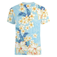 Hawaii Hibiscus Plumeria Blue Women V-Neck T-Shirt Polynesian Pattern