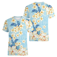 Hawaii Hibiscus Plumeria Blue Women V-Neck T-Shirt Polynesian Pattern