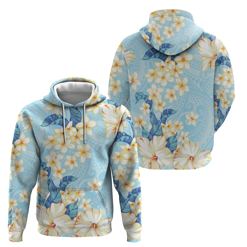Hawaii Hibiscus Plumeria Blue Zip Hoodie Polynesian Pattern