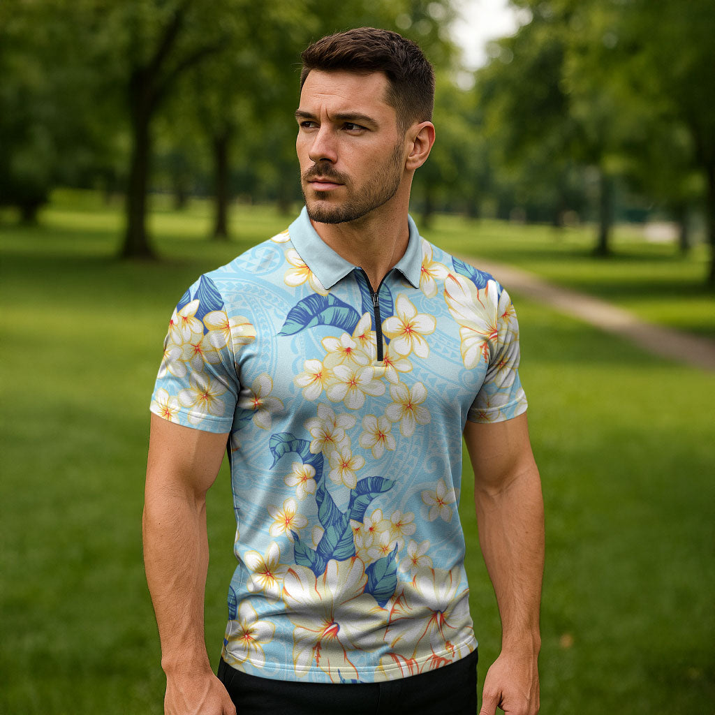 Hawaii Hibiscus Plumeria Blue Zipper Polo Shirt Polynesian Pattern