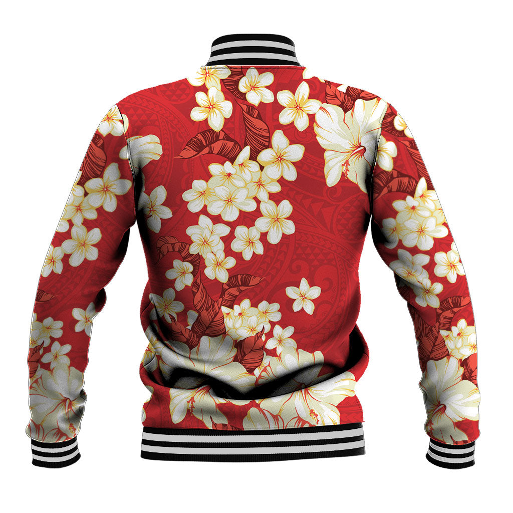 Hawaii Hibiscus Plumeria Red Baseball Jacket Polynesian Pattern