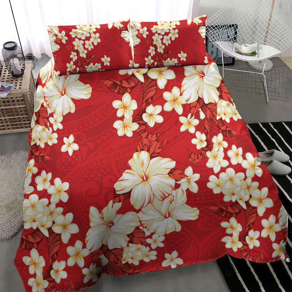 Hawaii Hibiscus Plumeria Red Bedding Set Polynesian Pattern