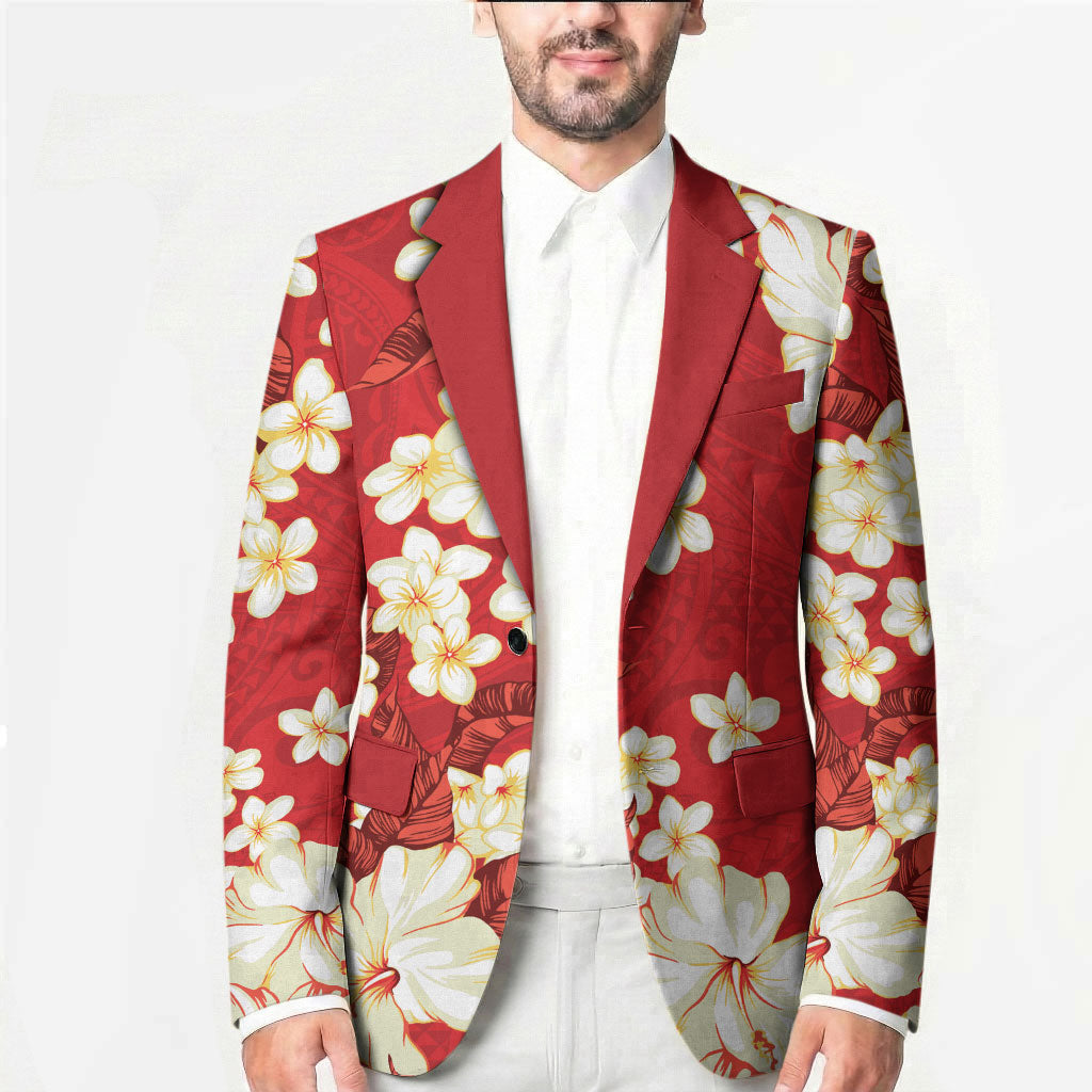 Hawaii Hibiscus Plumeria Red Blazer Polynesian Pattern