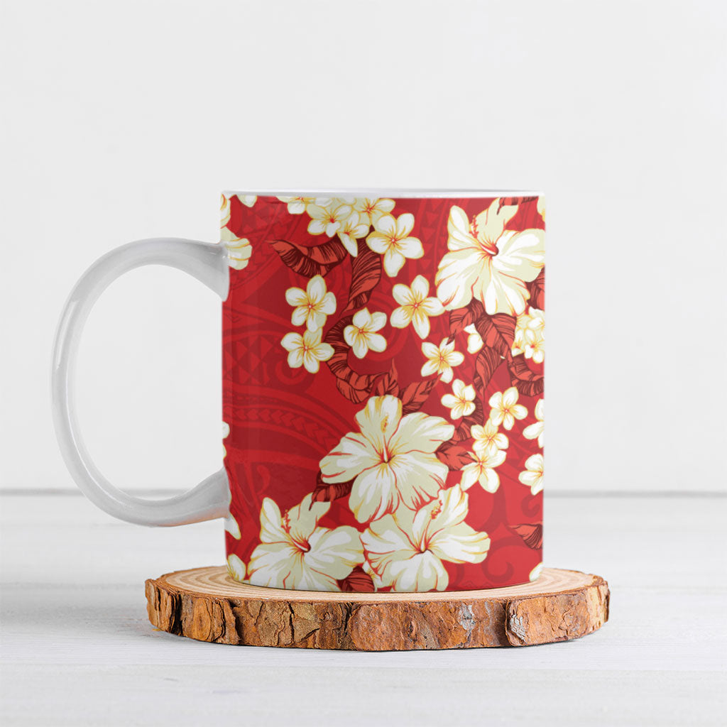 Hawaii Hibiscus Plumeria Red Ceramic Mug Polynesian Pattern