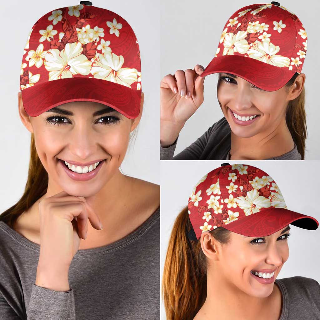 Hawaii Hibiscus Plumeria Red Classic Cap Polynesian Pattern