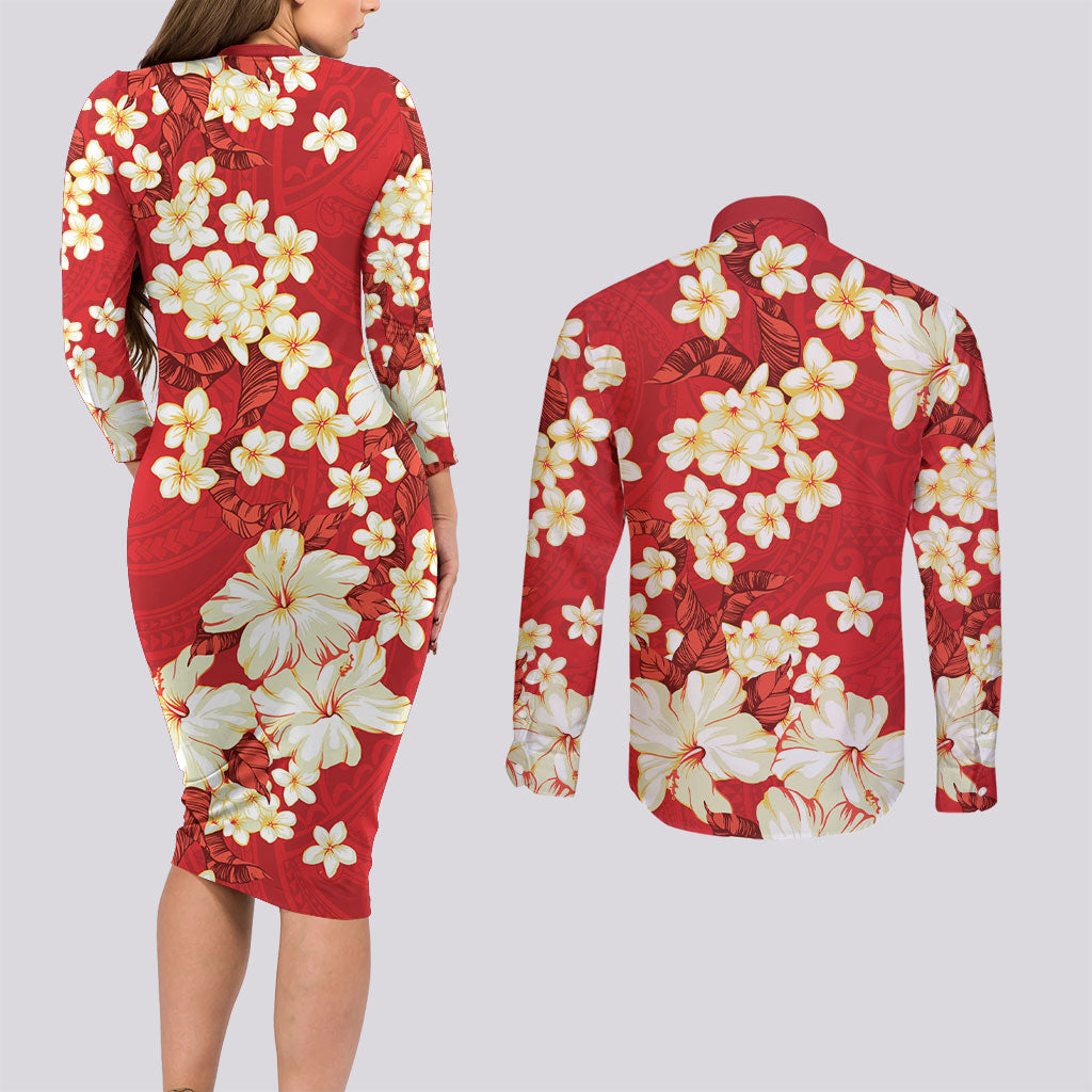 Hawaii Hibiscus Plumeria Red Couples Matching Long Sleeve Bodycon Dress and Long Sleeve Button Shirt Polynesian Pattern